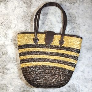Straw Tan and Brown Stripes Leather Trim Travel Cruise Beach Tote Bag